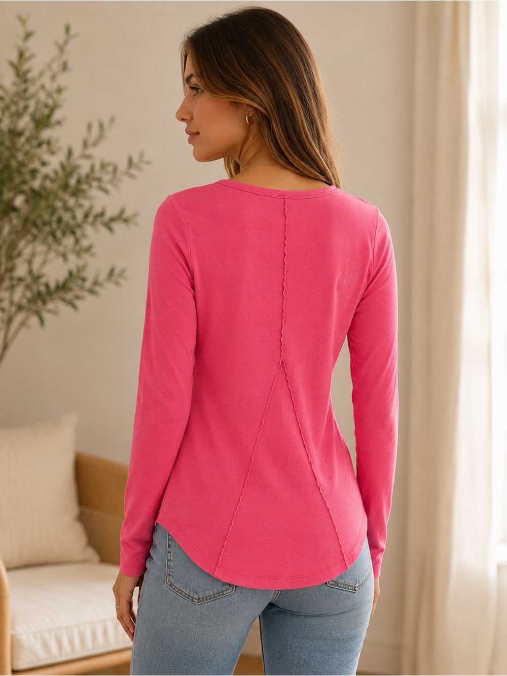 We The Free Raspberry Pink Lace-Trim Long Sleeve Henley - Picture 2 of 5